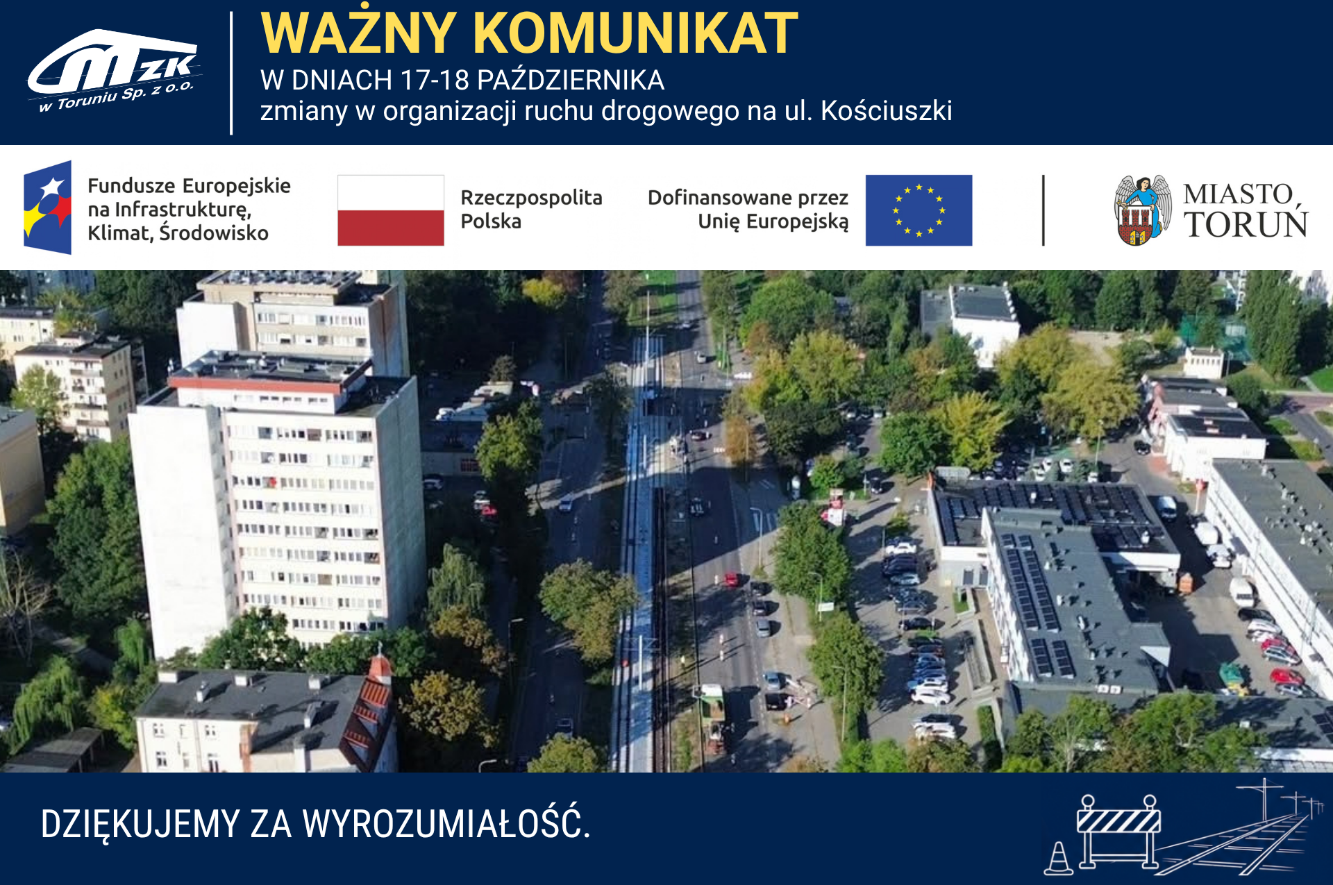 Zmiany w ruchu i komunikacji na ul. Kościuszki w Toruniu - komunikat - grafika